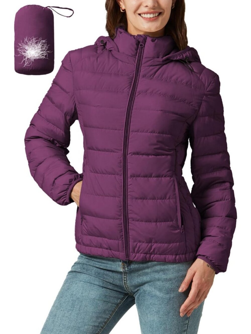 Lightweight Packable Down Jacket for Women - Quilted Hooded Puffer Coat, Travel